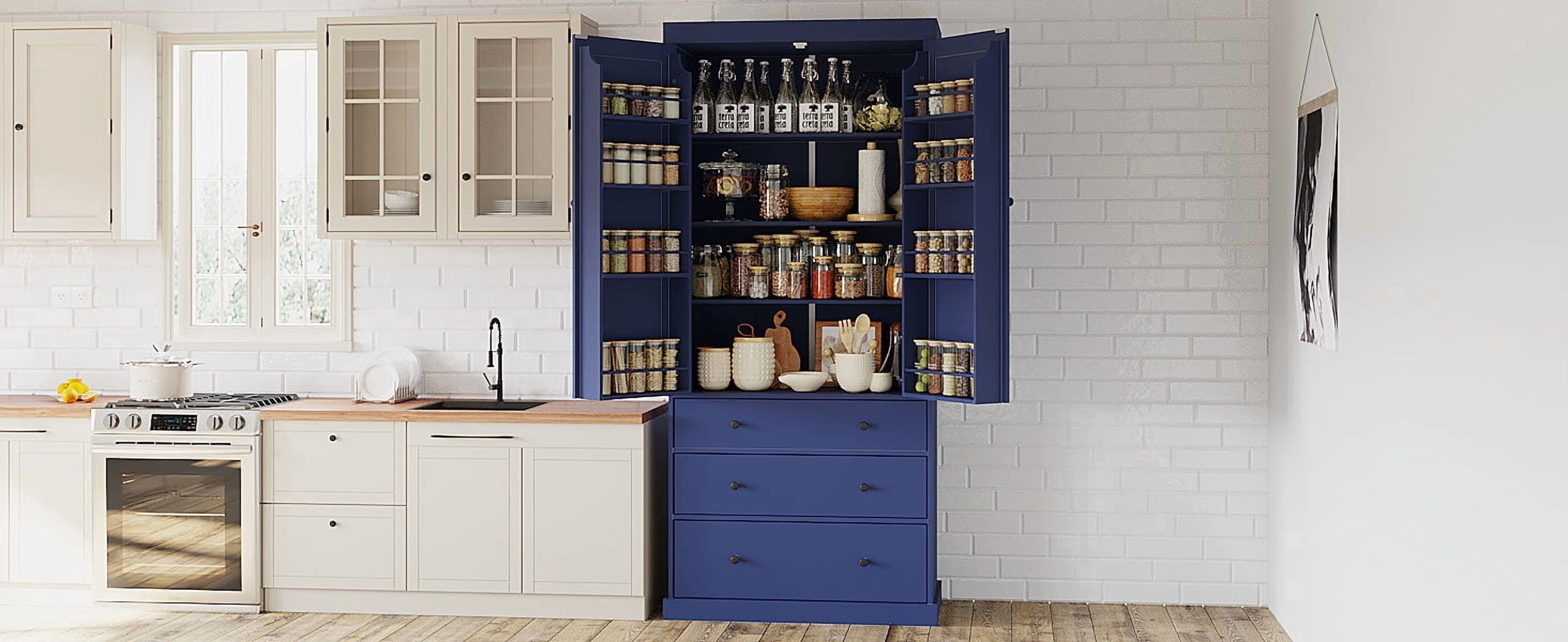 77" Farmhouse Kitchen Pantry - Freestanding Tall Cupboard Storage Cabinet with 3 Adjustable Shelves, 8 Door Shelves, 3 Drawers for Kitchen, Dining Room, Pantry Organization