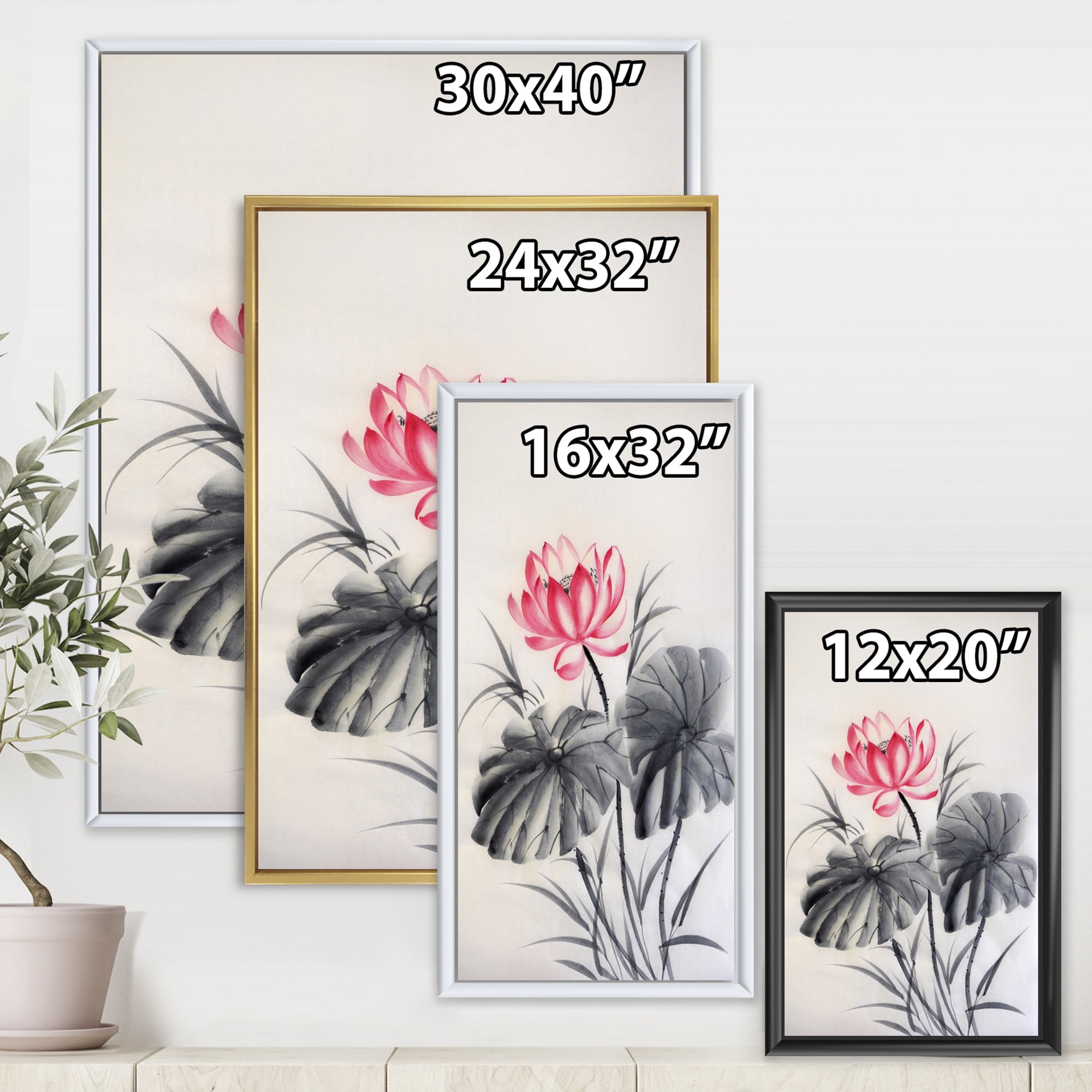 Two Monochrome Leaves With Lotus Flower 24 in x 32 in Framed Painting Canvas Art Print, by Designart