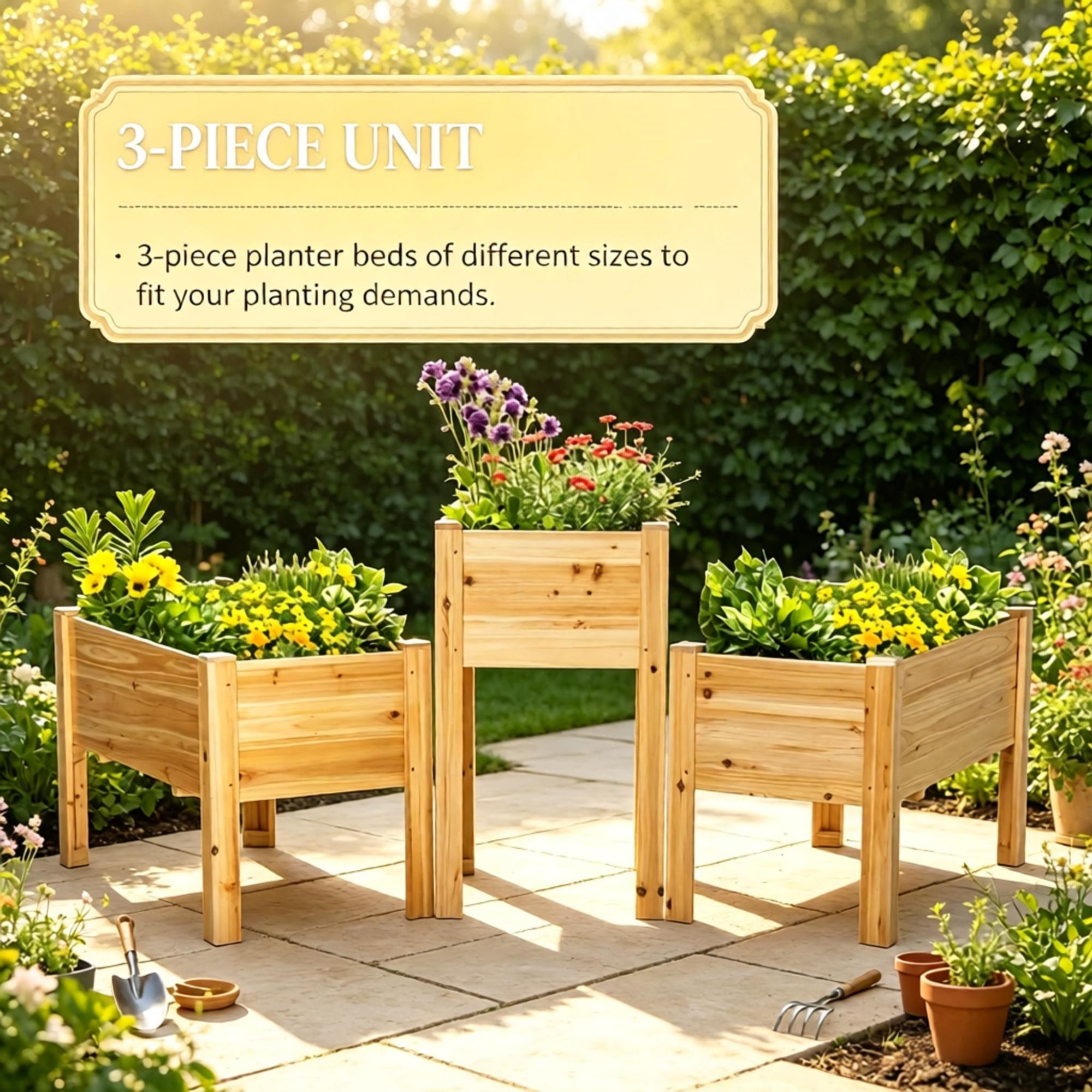 Set of 3 Wooden Elevated Planter Boxes with Legs & Liner for Vegetables, Herbs & Flowers