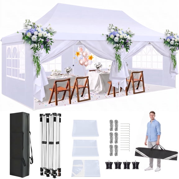 HOTEEL 10'x20' Pop up Canopy Tent,Outdoor Canopy with Wheeled Bag,for Parties,Wedding,Backyard,Camping,White