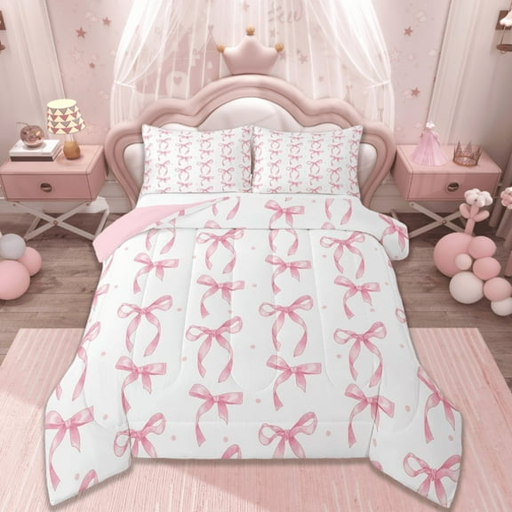 Manfei Princess Ribbon Bow Tie Bedding Comforter Set,Girls Bowknot Twin Comforter Sets,Pink White Bedding Set,Lightweight Room Decorative Reversible,2 Piece