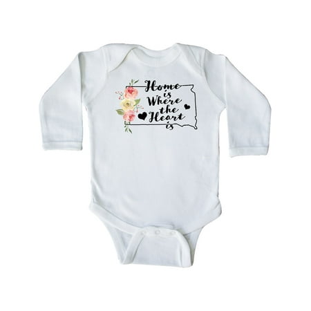 

Inktastic South Dakota Home is Where The Heart is with Watercolor Floral Gift Baby Girl Long Sleeve Bodysuit