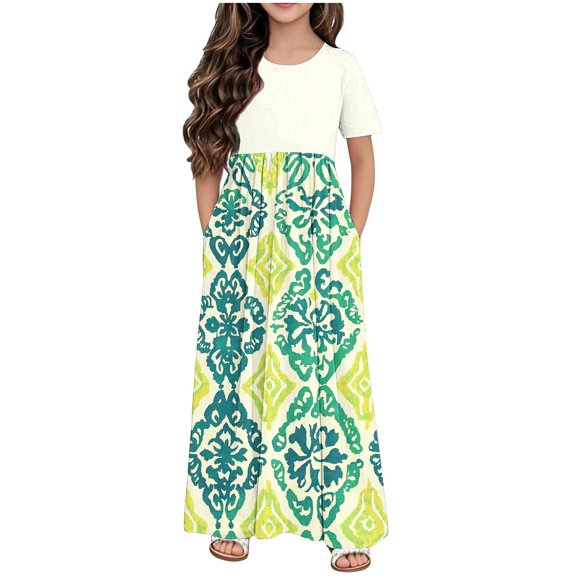 Casual Dress for Girls, Short Sleeve Round Neck With Pockets, Lightweight Polyester, Long Skirt Style, for Everyday Wear and Birthday Parties