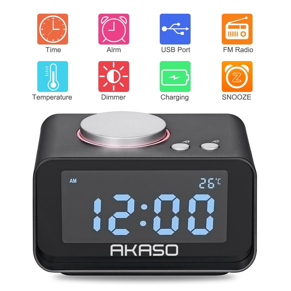 AKASO Digital Alarm Clock Radio USB Charging Snooze Function 5 Dimmer