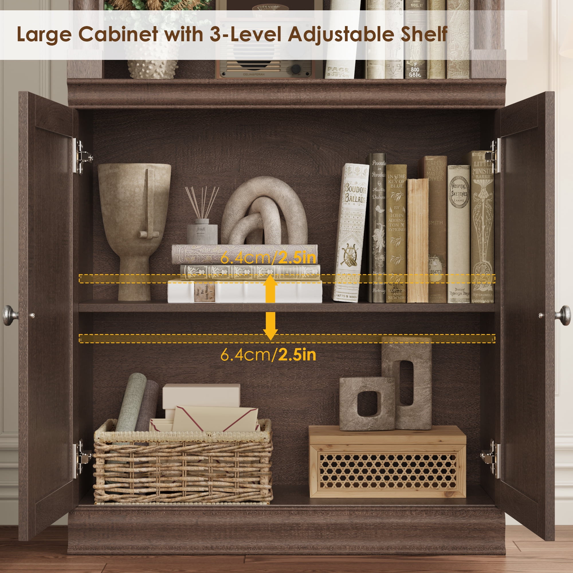 Homfa 71"H Bookcase with Doors, 5 Tier Storage Bookshelf with Adjustable Shelf for Study Home Office, Reddish-Brown