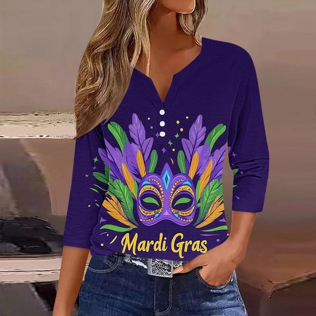 UPPADA Femmes T-Shirts à Manches 3/4 Mardi Gras Yall T-Shirts à Imprimé Floral Col Rond Blouse à devant Plissé Hauts d'Été Décontractés Chandail à Enfiler Haut Mode Fête Défilé Hauts Hauts à Manches 3/4 pour Femmes Aubaines