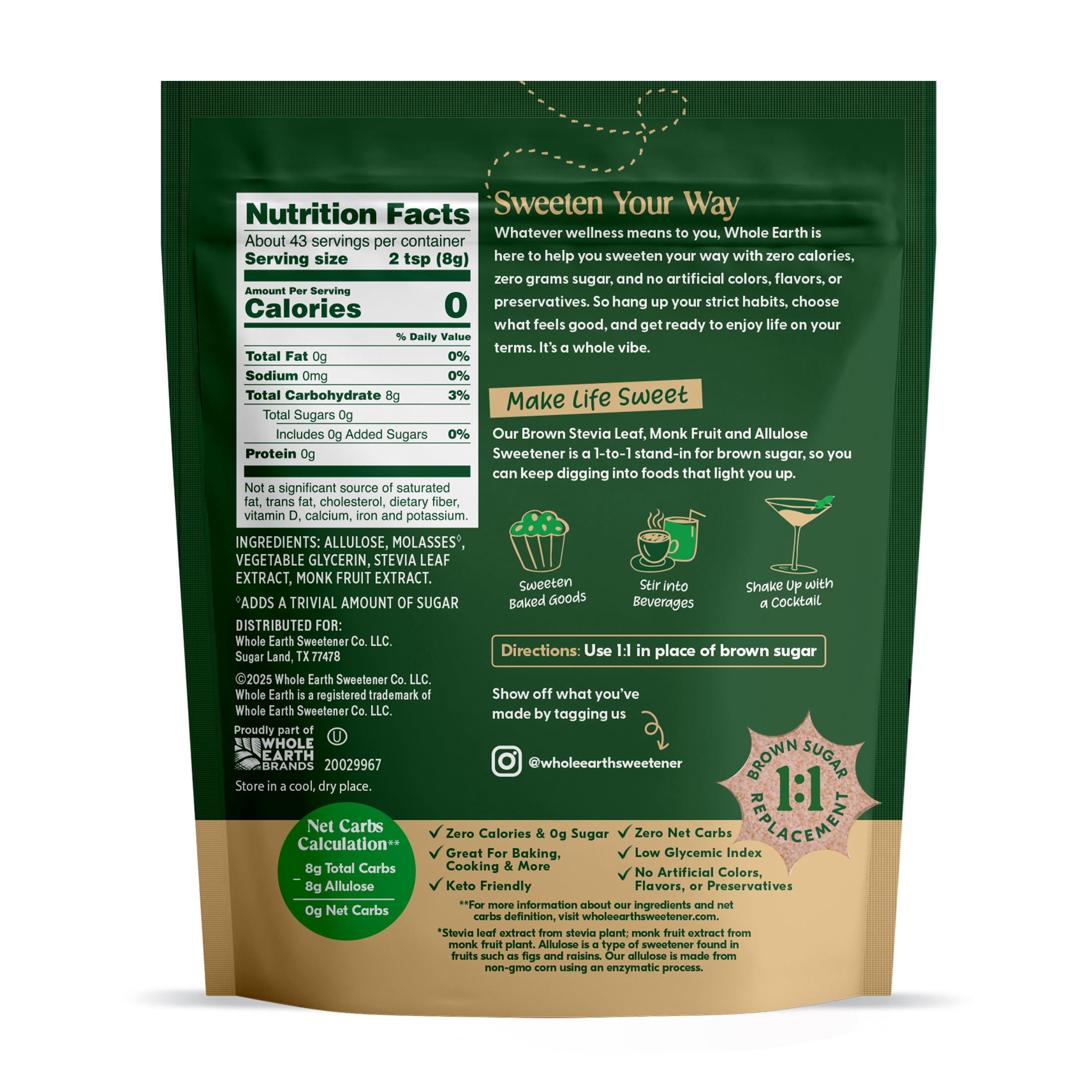 Whole Earth Brown Zero Calorie Stevia, Monk Fruit & Allulose Sweetener, Zero Calorie Sugar Substitute, Non-GMO, Erythritol-Free, Pouch, 12oz Pouch