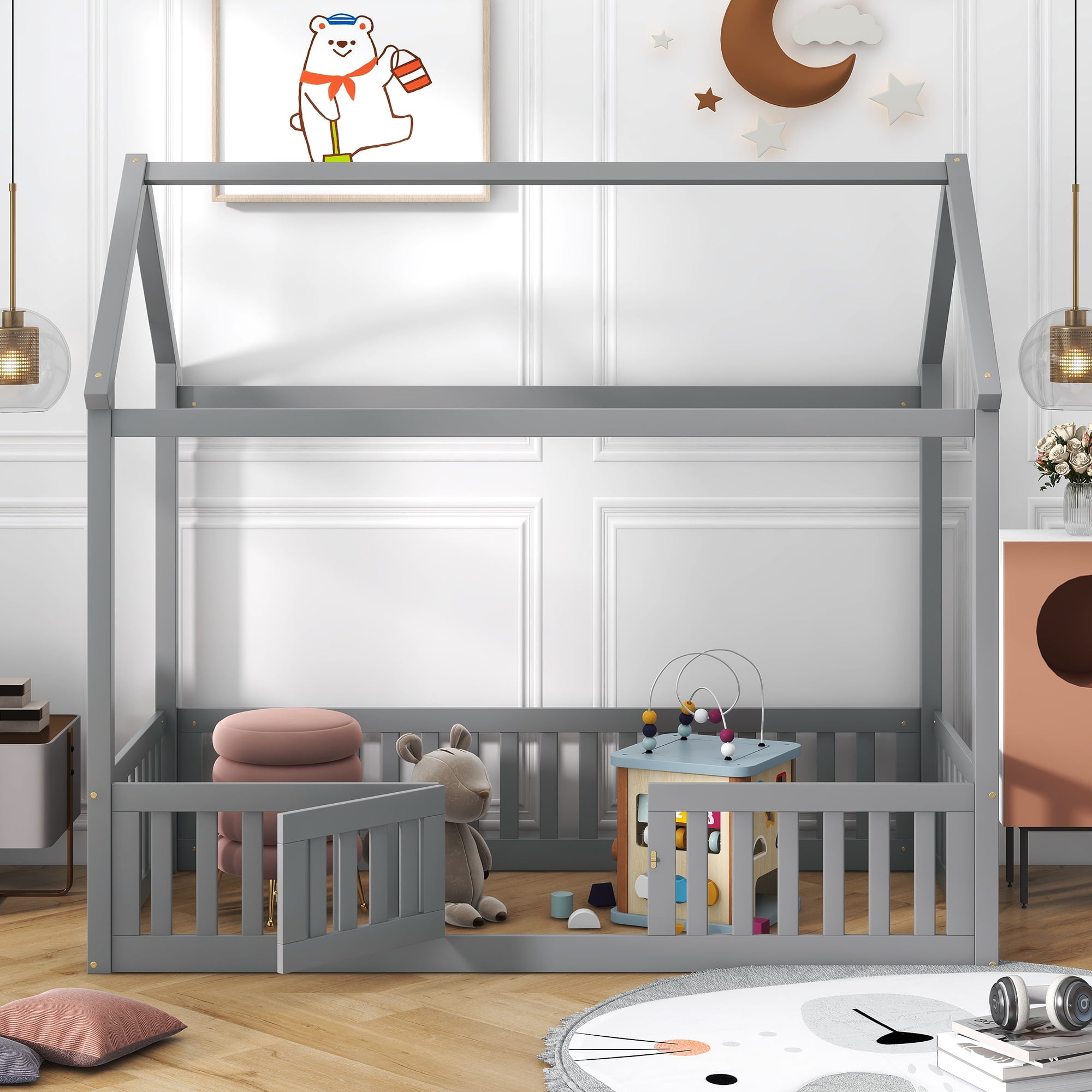 Euroco Twin Size Low House Bed with Fence and Door, Gray