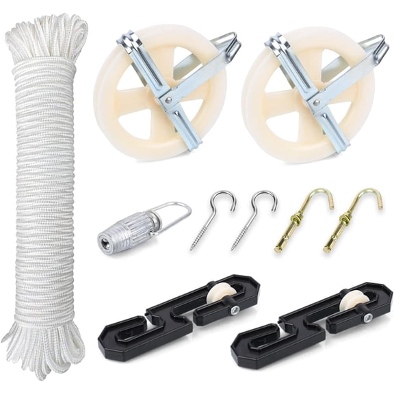 TooTaci Outdoor Clothesline Kit, 5" Nylon Clothesline Pulley Kit, 150ft Polyester Rope Outdoors, with S Separator Spreader, Rope Tightener, Hook