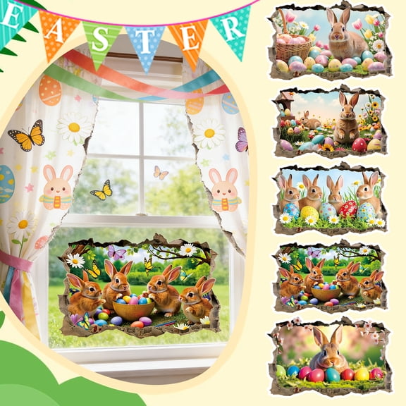 Easter Rabbit Wall Stickers 3D Happy Easter Wall Decoration Bunny Wall Stickers Decor Rabbit Fake Window Wall Mural Bunny Eggs Holiday Decals for Spring Party Supplies Decals(16X24 Inches)