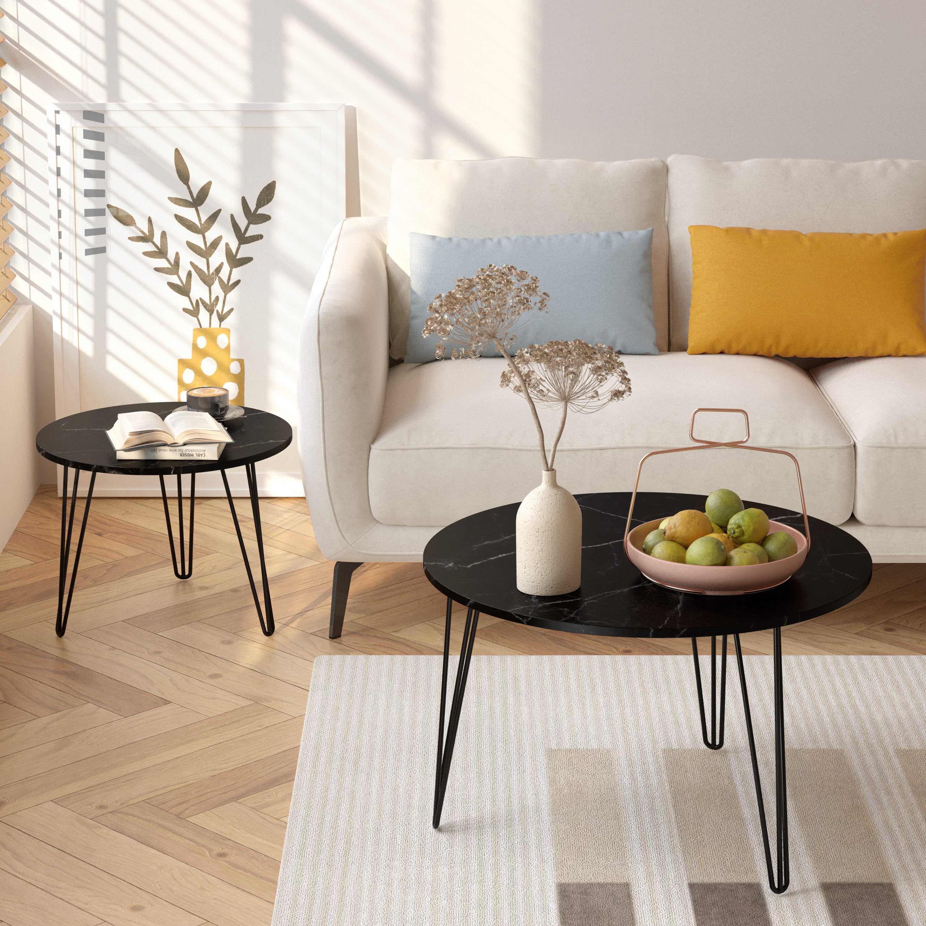 27.56'' Round Nesting Coffee Table Set of 2,Wooden End Table Set, with Metal Base for Living Room,Bedroom,Black