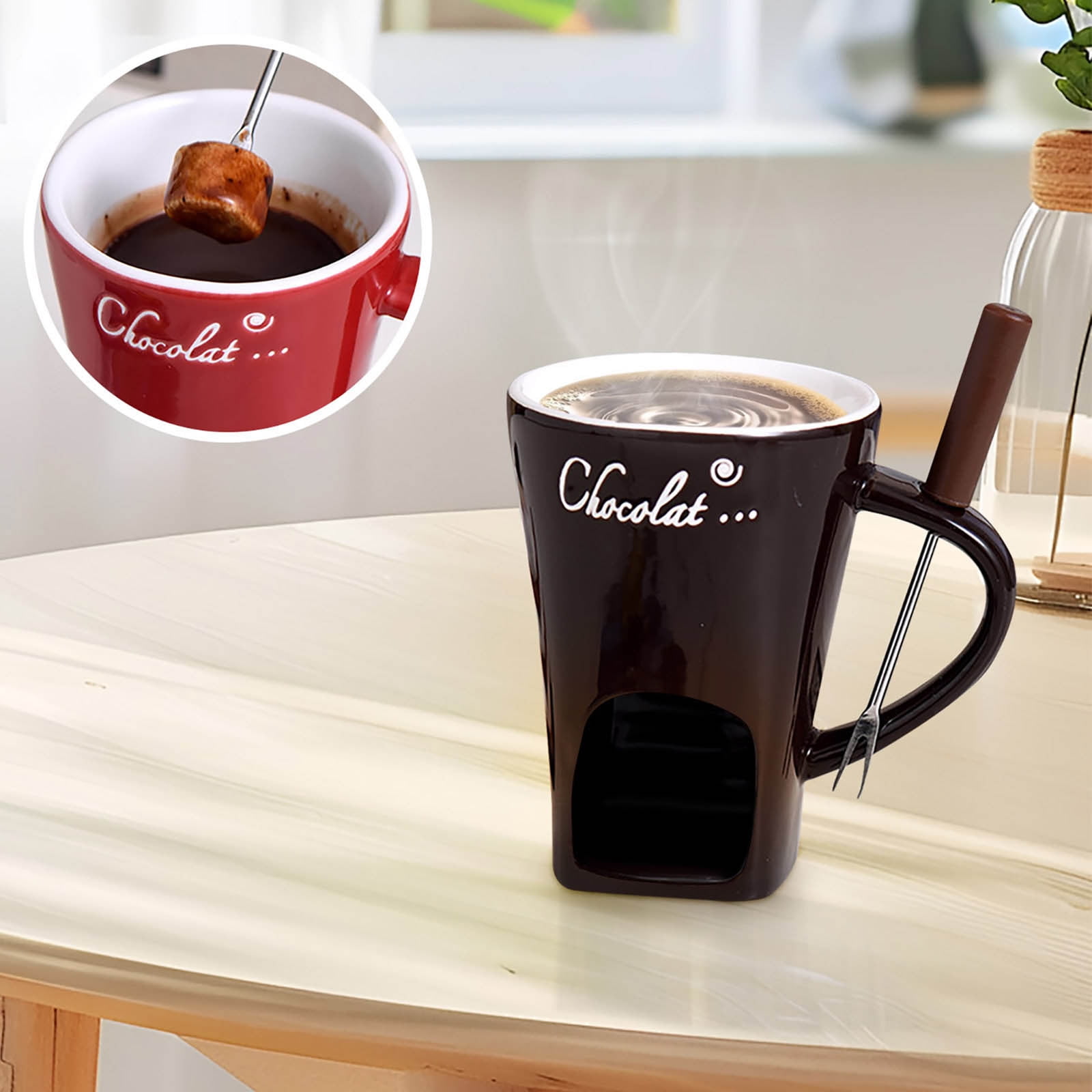 Mug Fondue Chocolat Céramique 130ml Avec 2 Fourchettes - Idéal Fêtes Et Soirées