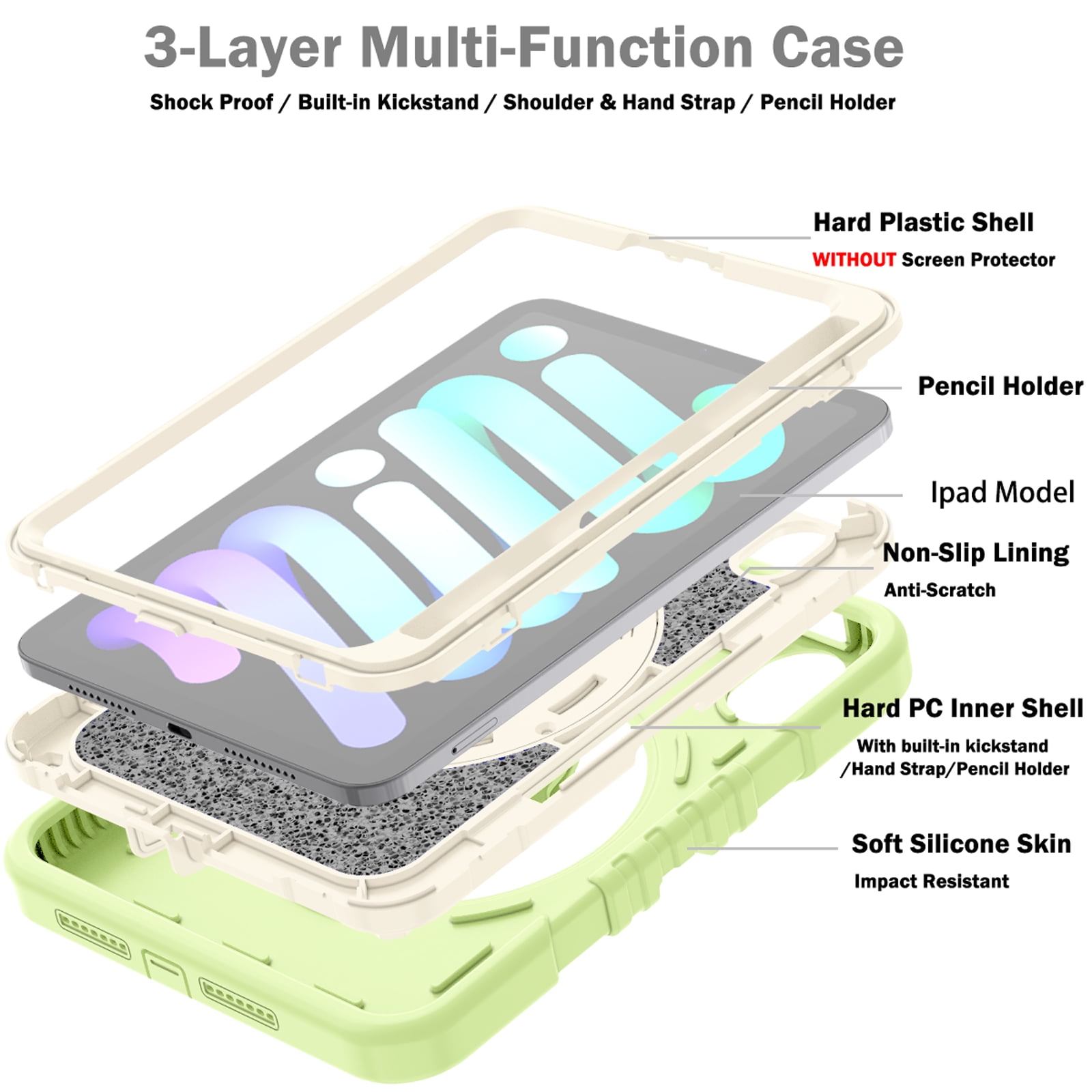 Dteck Case for iPad mini 7 (A17 Pro) 8.3 inch 2024/ iPad mini 6th Generation,Heavy Duty Rugged Drop Proof Shockproof Armor Case with Stand Pencil Holder Hand Strap Shoulder Strap,Green+White