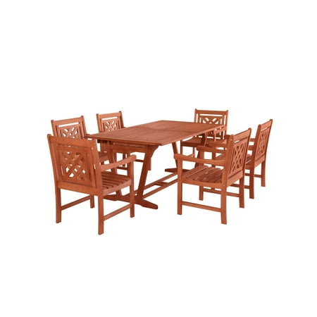 Extendable Table And 6 Chairs 7-Piece Brown Natural Wood Finish Extendable Table Outdoor Furniture Patio Dining Set with Plaid Chairs 91