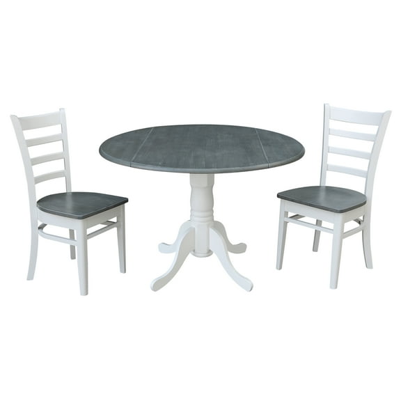 42" Drop Leaf Wood Table with 2 Emily Side Chairs in White/Heather Gray