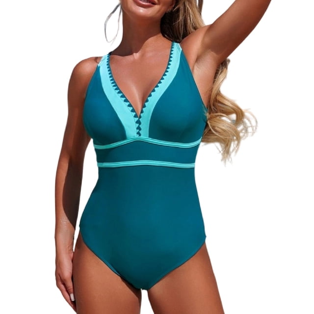 Ltctricy Women's One Piece Swimsuits Adjustable Strap Deep V Neck Color Block Backless Swimwear Slimming Bathing Suits