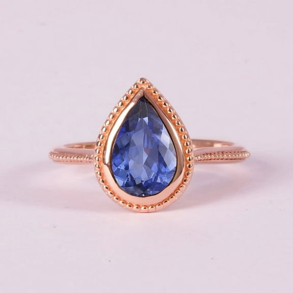 Solitaire Pear Blue Sapphire Gemstone Milgrain Band Ring, 925 Sterling Silver Ring, Handmade Jewlery, Minimalist Ring, Chunky Ring.
