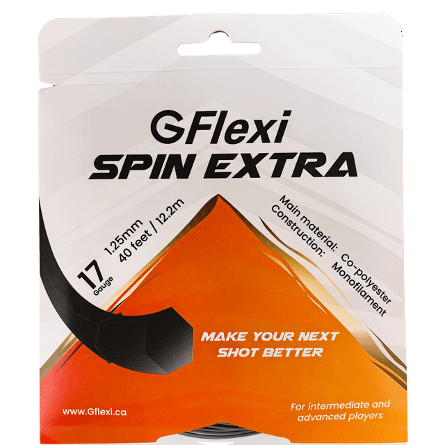 GFlexi Extra Spin Hexagon Tennis String – Enhanced Spin, Control & Comfort - 17 Gauge, shown in its packaging. This co-polyester string features a hexagon shape for improved topspin and underspin, great tension maintenance, and durability. Ideal for tennis equipment enthusiasts, it offers arm-friendly shock absorption and is suitable for intermediate and advanced players.