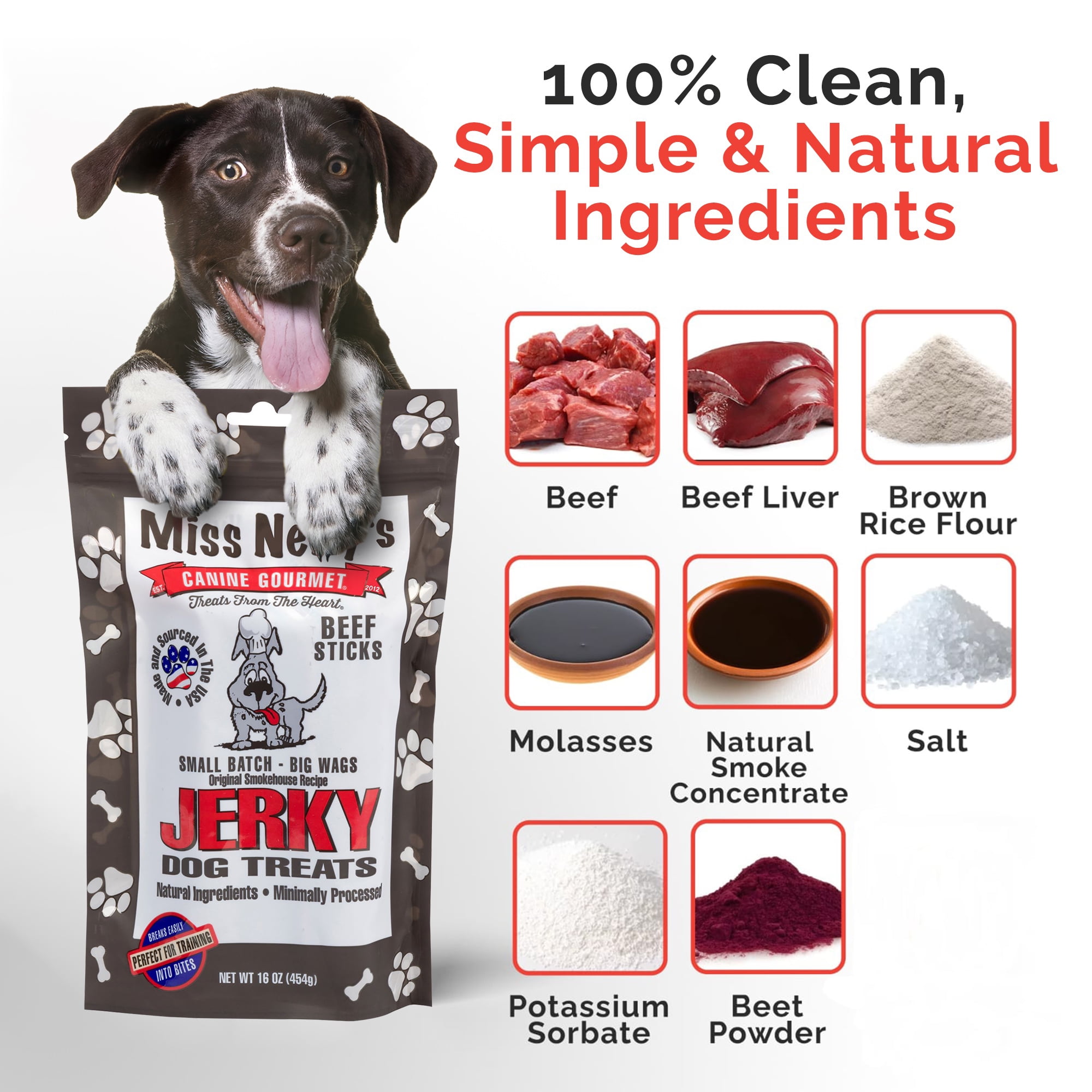 Miss Nelly's Canine Gourmet - Beef Dog Jerky Treats - USA Made and Sourced - Original Smoke House Recipe - Small Batch - Clean Natural Ingredients - Minimally Processed -  16 ounce Bag