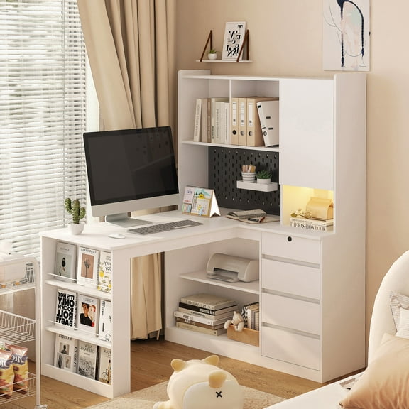 62.79" White L-Shaped Desk with Charging Station, Corner Computer Desk with Led Light & Storage (55.9"W X 46.06"D X 62.79"H)