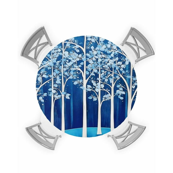 nqOlkjepod Blue Tree Forest Round Tablecloth, Fitted Table Cover with Elastic for 36"-44" Round Tables, Leaves Abstract Retro Watercolor Table Cloth Outdoor Dinning Party Waterproof Tablecloths