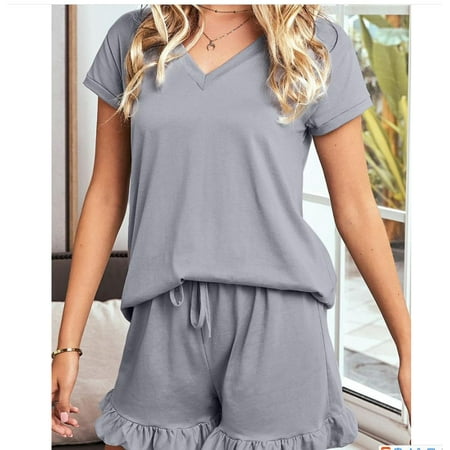 

Gueuusu 2Pcs Women Summer Pajama Set Solid Color V-Neck Short Sleeves Tops + Drawstring Elastic Waist Shorts