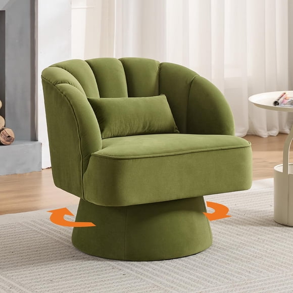 Mid-Century Modern Smooth Swivel Barrel Chair – Comfy Accent Armchair, Cushy Padding, Striped Backrest, Round Lounge Chair for Living Room, Bedroom, Vanity, Reading Nook – Color: Green