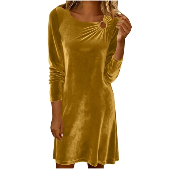 Women's Timeless Gold Velvet Dress Solid Color Long Sleeve Round Neck Pleated Elegant Formal Casual Daily Party Winter Fall Outfit Yellow XL