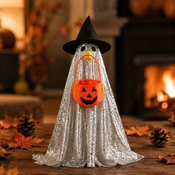 3 Pack, Porch Goose Outfits Halloween Set, 28 Inch Sequined Ghost Goose Clothes with Witch Hat and Pumpkin Bucket, Halloween Outdoor Decorations for Lawn Porch Party Display,