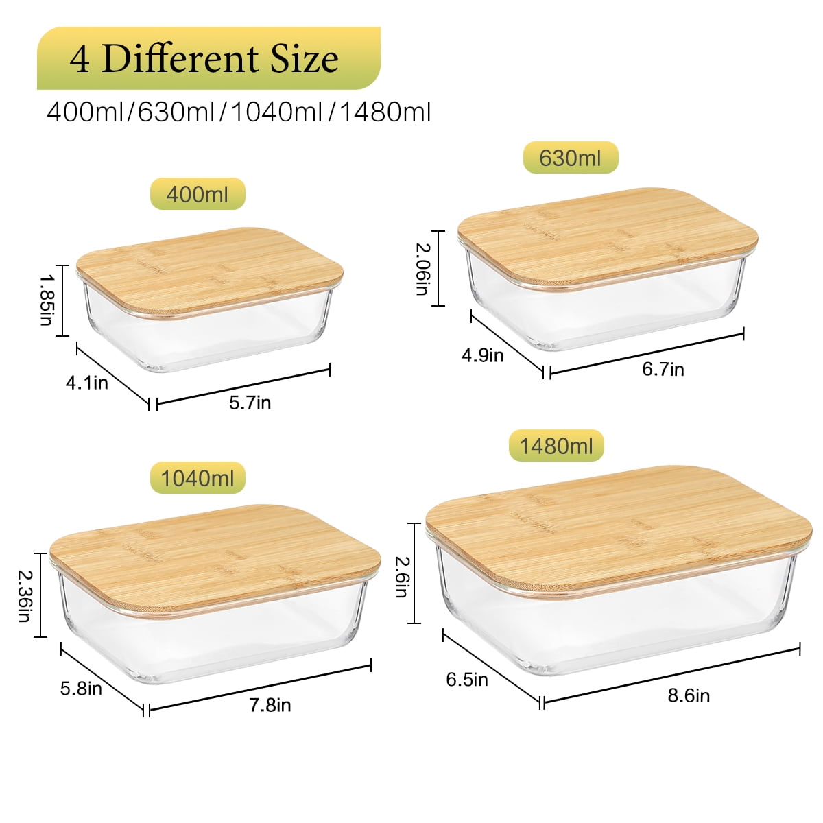 8 Pcs Glass Food Storage Containers with Bamboo Lids, Meal Prep Glass Containers Bento Lunch Box, Safe for Microwave, Oven, Freezer and Dishwasher, BPA Free
