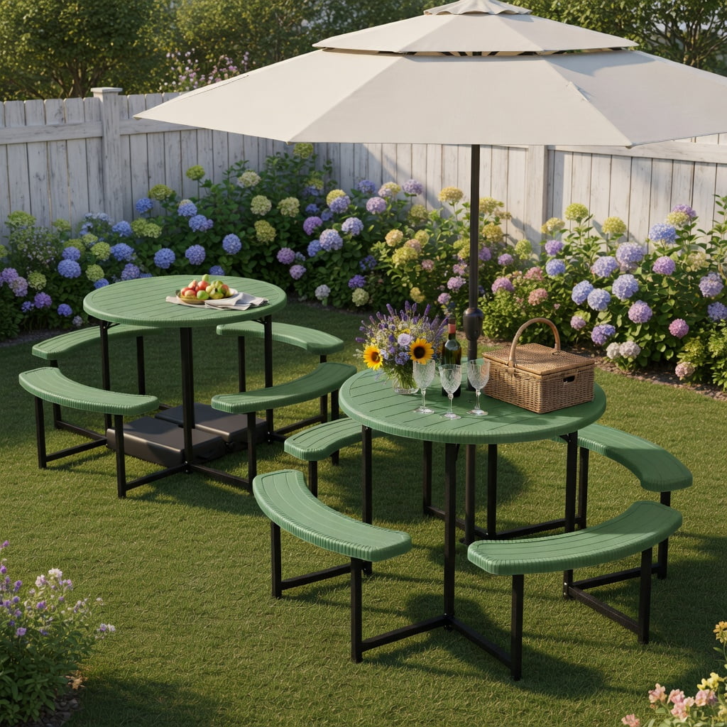 Hommoo Round Outdoor Picnic Table Set with 4 Benches, Umbrella Hole, Heavy-Duty Metal Frame & HDPE Top, White