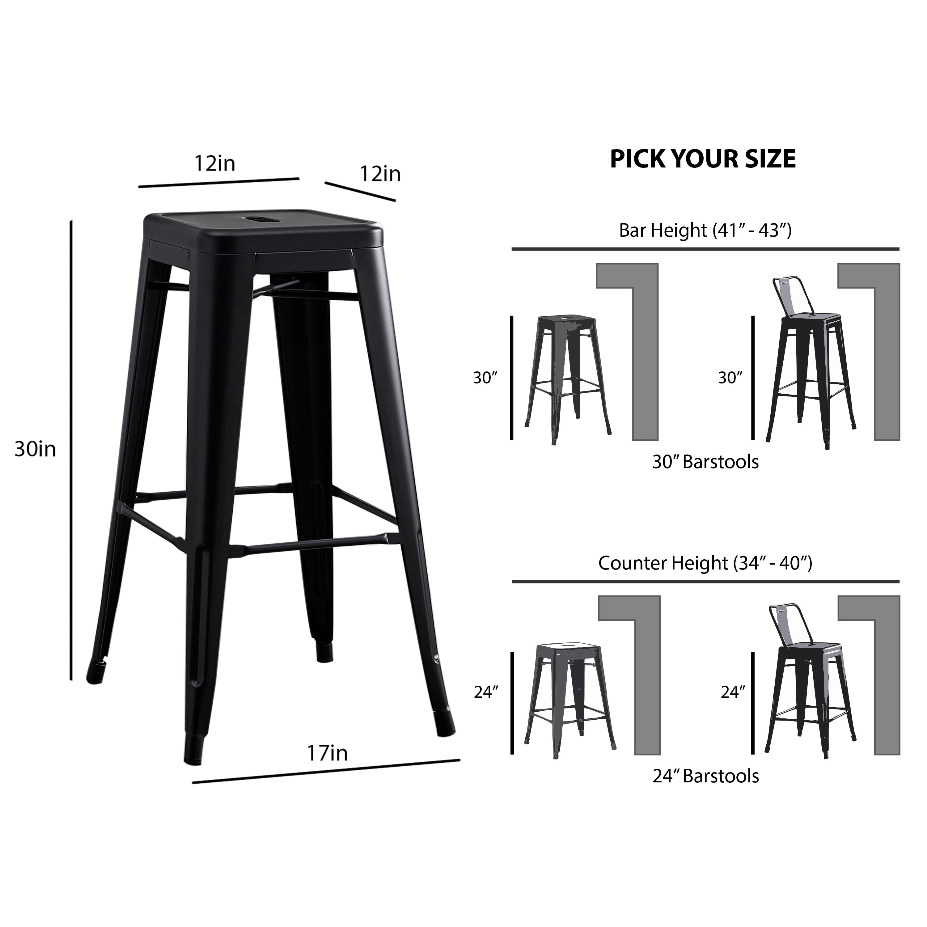AC Pacific 30” Metal Backless Barstool Set of 2 – Country Rustic Style, Lightweight & Sturdy Build, Easy Assembly – Distressed Matte Black