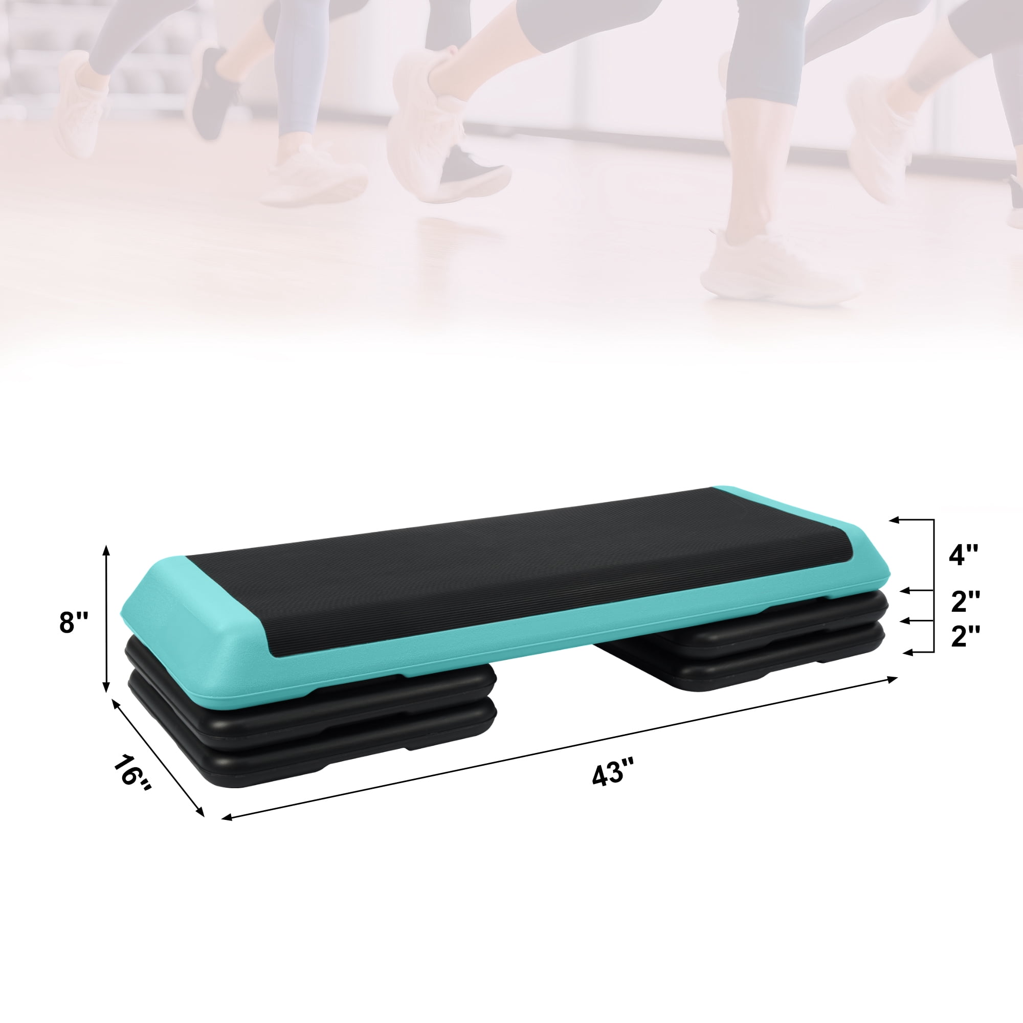 FlexWave 43-inch Aerobic Step Platform, Adjustable Fitness Stepper with 4 Adjustable Step Risers, Aerobics Stepper Workout Stepper for Aerobic Strength and Training in Home Gym, Blue