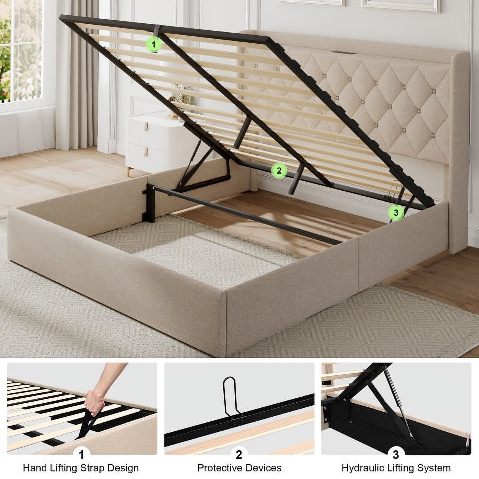 iPormis Full Size Bed Frame with Lift Up Storage & Charging Station, Button Tufted Wingback Upholstered Headboard, Beige