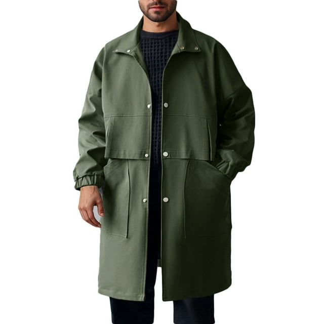 Trench Boutonné Vert Lime Armée pour Homme Automne Hiver à Manches Longues Col Roulé avec Capuche Veste Unie Coupe-Vent Tenues Hommes 2025 Vêtements Mode Concert Country Y2K 3TG