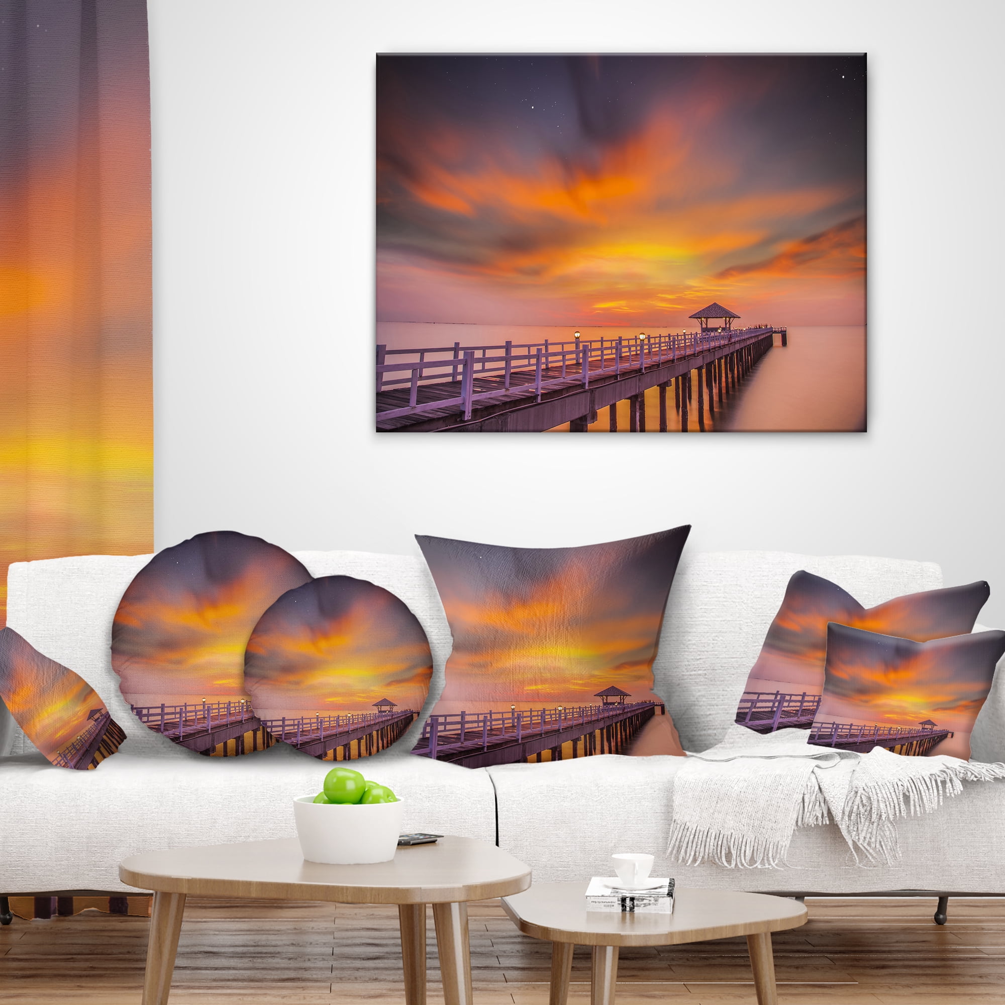 Designart Seashore with Long Wooden Pier - Pier Seascape Throw Pillow - 16x16