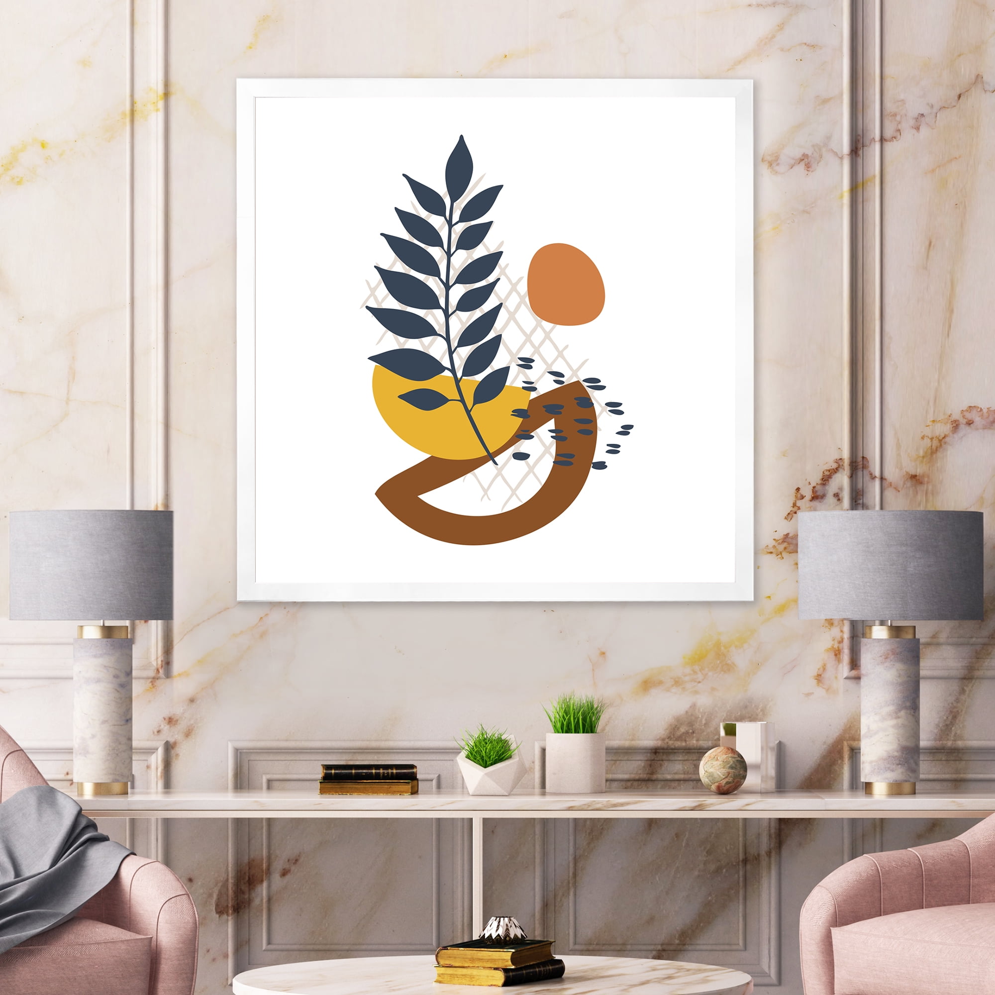 Designart 'Abstract Leaves With Elementary Shapes' Modern Framed Art Print