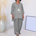 thumbnail image 4 of Xioeram 2 Pcs/Set Women Top Pants Set O Neck Three Quarter Sleeve Loose Irregular T-shirt Wide Leg Deep Crotch Pants Plus Size Mid-aged Women Top Trousers Set, 4 of 8