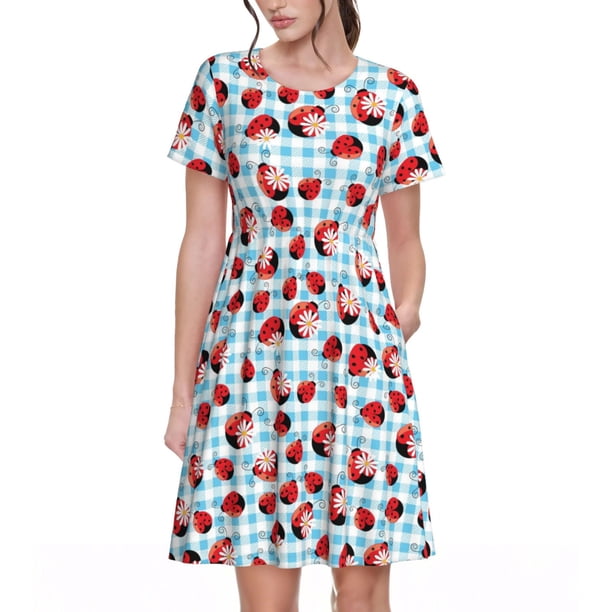 Balery Flowers and Lady Bugs Vestidos sueltos de manga corta para mujer, vestidos de verano 2025, vestidos casuales de corte A con vuelo.