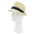 thumbnail image 2 of Premium Classic Fedora Straw Hat with Navy Striped Trim Band, 2 of 4