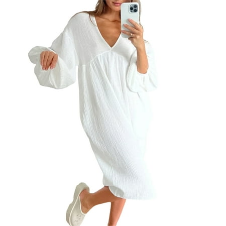 

Jamlynbo Women Nightdress Long Sleeve Nightware Loose Nightshirt Pajamas Maxi Dress Sleepwear Loungewear Nightgowns Night-Robe