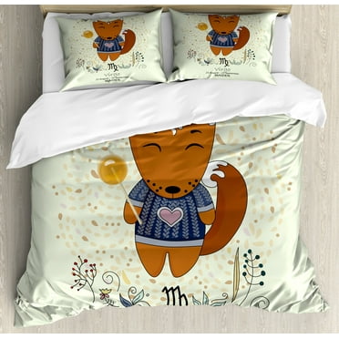 Zodiac Virgo King Size Duvet Cover Set, Funny Happy Cartoon Character on a Floral Background Kids Horoscope Design, Decorative 3 Piece Bedding Set with 2 Pillow Shams, Multicolor, by Ambesonne