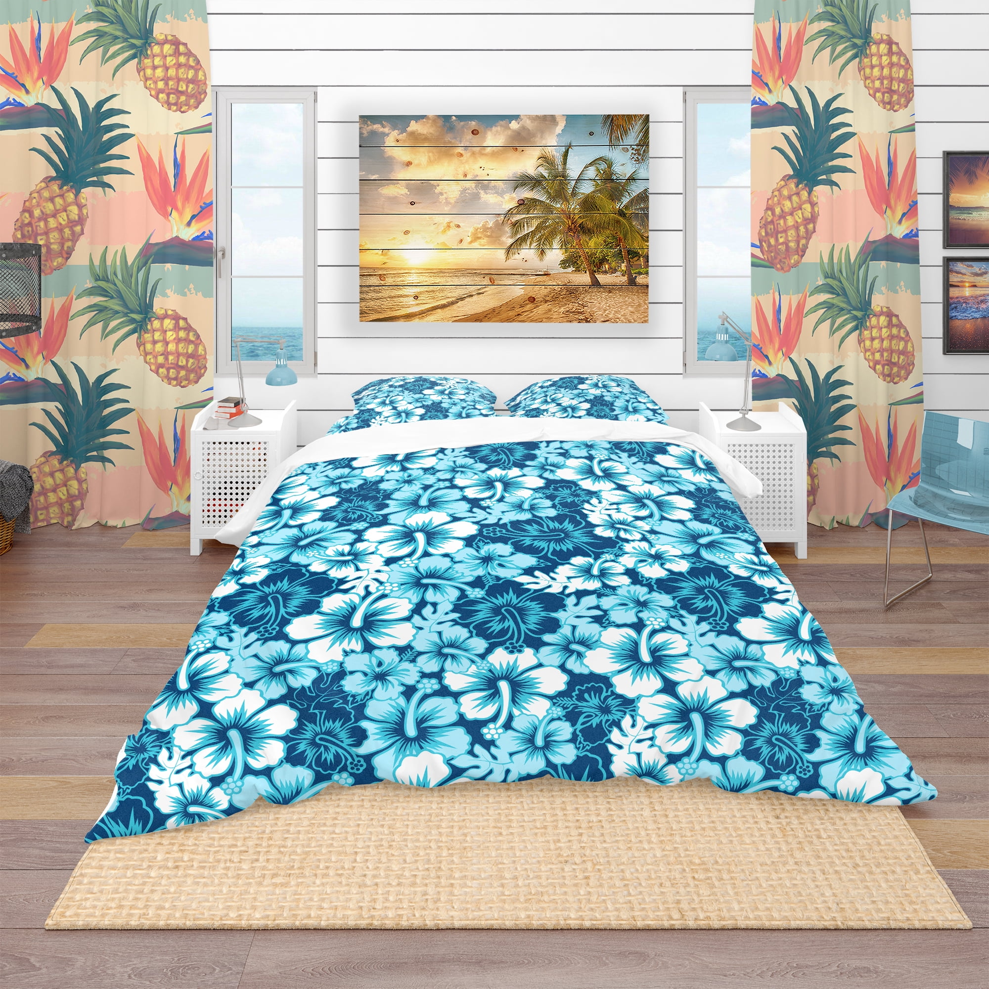 Designart 'Indigo Hawaii Flowers Pattern' Tropical Duvet Cover Set