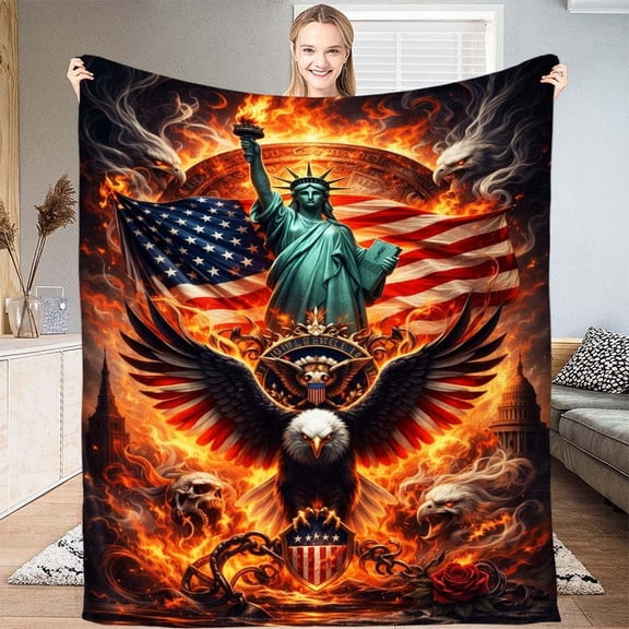 Patriotic 4th of July Flannel Fleece Blanket, American Flag Bald Eagle Throw Blanket for Independence Day Gifts