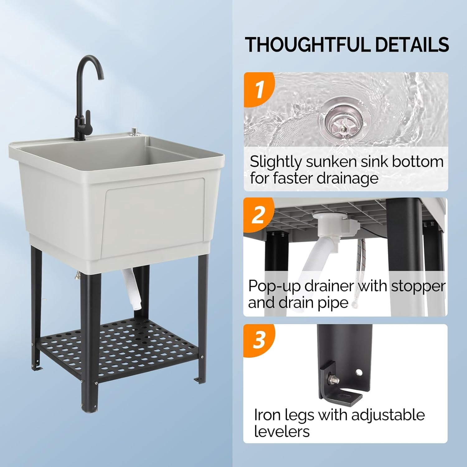 Ktaxon 21 Gallon Plastic Utility Sink with Hot/Cold Faucet, 36" Freestanding Laundry Tub with Adjustable Legs, Soap Dispenser and Pop-up Button for Bathroom, Laundry Room, Garage, Gray