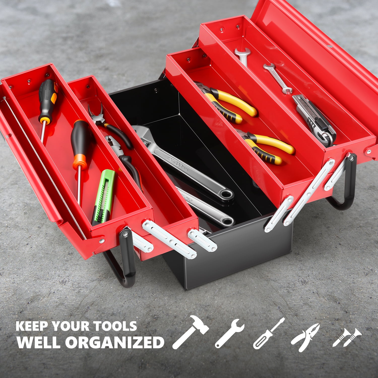 DNA Motoring TOOLS-00411 Red 18" 3 Level Multi-Function Foldable Repair Tool Box Storage With Lock Hole + 5 Drawers + Handle