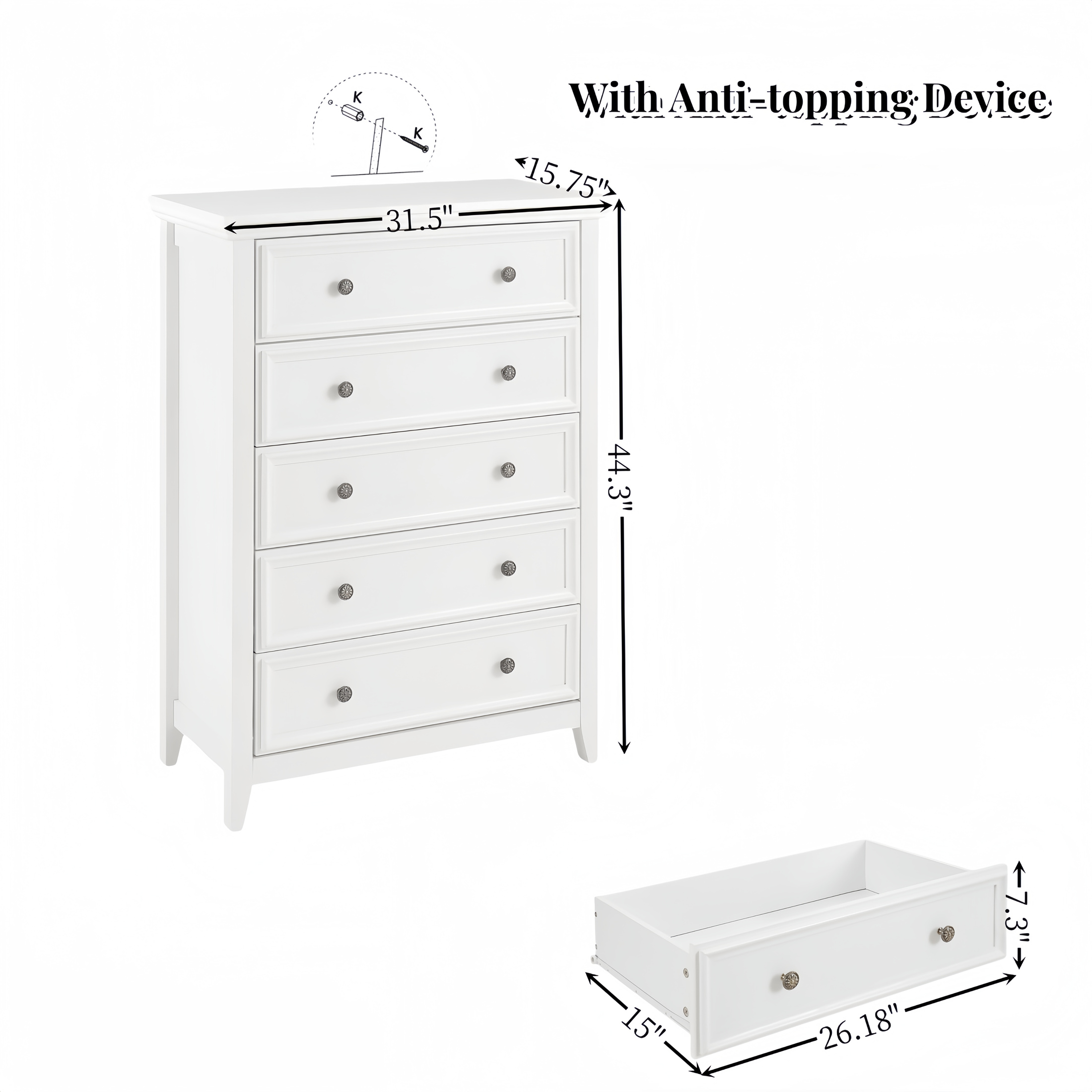 Aukfa 5 Drawer Tall Dresser Chest of Drawers Closet Organizers for Bedroom Living Room,White