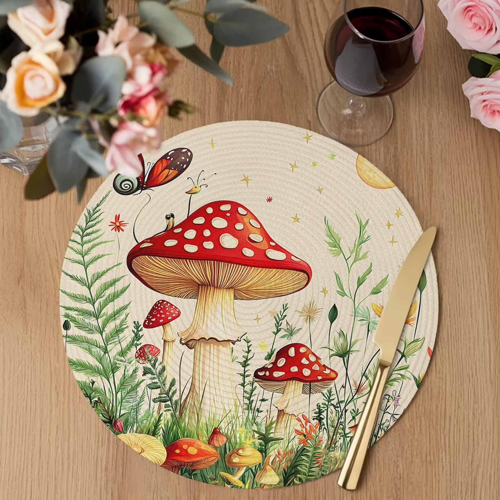 Red Mushroom Round Placemats Set of 4 Watercolor Spring Summer Floral Place Mats Indoor Woven Table Mats Washable Heat-Resistance Braided Dining Table Placemats for Kitchen Party Decor 13 Inch