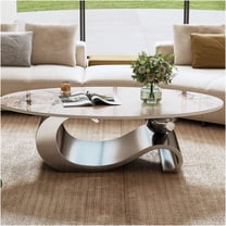 JERFIT Modern Oval Coffee Table, 49.2" Faux Marble Top with Gray Stainless Steel Base, Luxurious Center Table for Living Room, Sofa Table