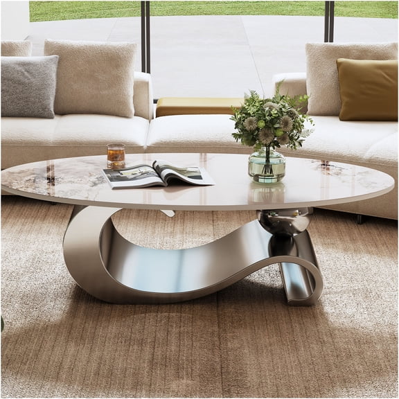 JERFIT Modern Oval Coffee Table, 49.2" Faux Marble Top with Gray Stainless Steel Base, Luxurious Center Table for Living Room, Sofa Table
